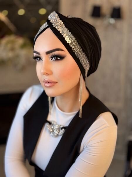 SİYAH GÜMÜŞ PAYET ŞERİTLİ DÜĞÜM BONE