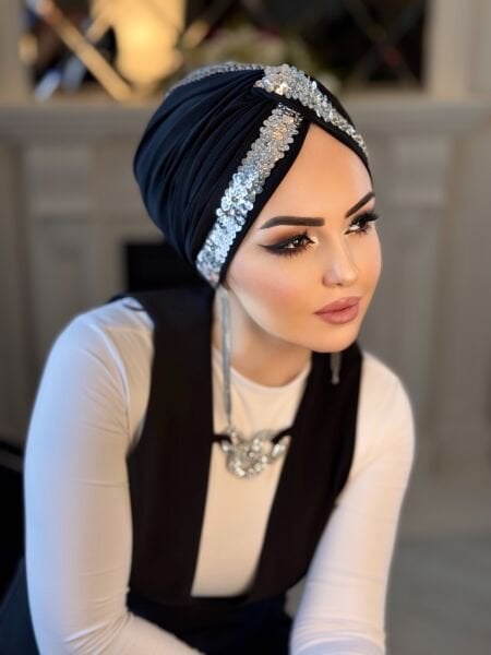 SİYAH GÜMÜŞ PAYET ŞERİTLİ DÜĞÜM BONE