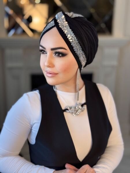 SİYAH GÜMÜŞ PAYET ŞERİTLİ DÜĞÜM BONE