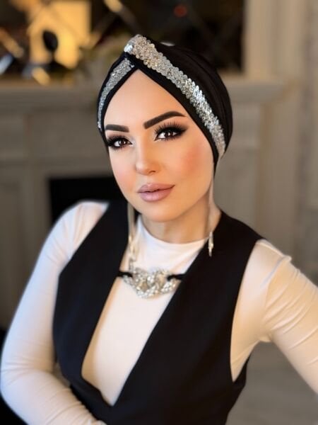 SİYAH GÜMÜŞ PAYET ŞERİTLİ DÜĞÜM BONE