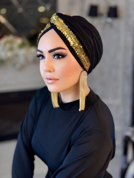 Siyah Gold Payet Şeritli Düğüm Bone