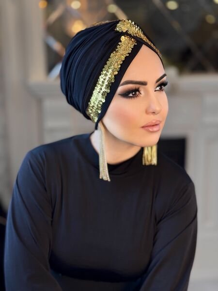 SİYAH GOLD PAYET ŞERİTLİ DÜĞÜM BONE