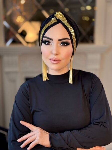 SİYAH GOLD PAYET ŞERİTLİ DÜĞÜM BONE
