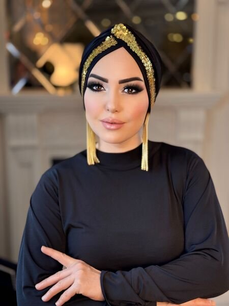 Siyah Gold Payet Şeritli Düğüm Bone