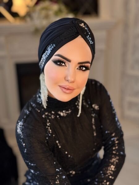 SİYAH SİYAH PAYET ŞERİTLİ DÜĞÜM BONE