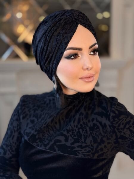 SİYAH YAKMA TÜL DESENLİ DÜĞÜM BONE